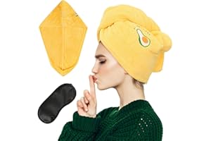 BEIIEB 1 Stück schnelltrocknendes Handtuch, mit 1 Stück schwarzer Augenmaske, korallenrotem Fleece-Haartuch, schneller Feuchtigkeitsaufnahme, Kopftuch mit Knöpfen. (Gelb)