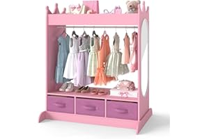 JOYLDIAS Kids Wardrobe with Drawers and Mirror, Dress up Rail Closet, Costume Dressing up Armoire, Pretend Storage Organizer Open Shelf for Children Clothes Bedroom Girls Room, Pink