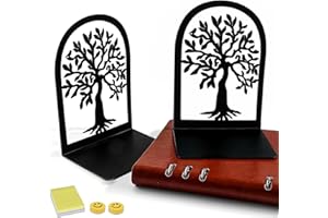 Qualsen Tree Shape Book Ends, 2 Pieces(1 Pair) Heavy Duty Metal Bookends Shelves, Anti Scratch Non-Skid Decorative Book Organizer for Home Office Desk, Back to School Supplies (Black，Dense Tree)