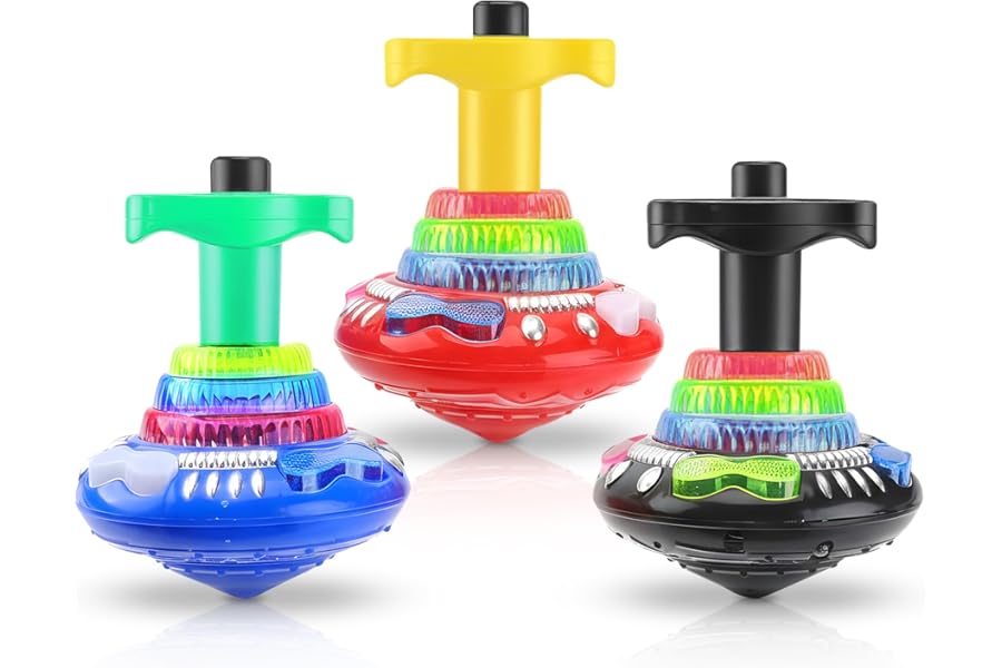 Light Up Spinning Top Toys With Music 3 Pack – LED Spinning Toy & Gyroscope Sensory Play Set for Kids | Cause and Effect Autism Toys, Attention Bucket, Light Up Sensory Toy