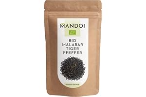 ‎MANDOI Mandoi Bio Tiger Malabar Pfeffer, 200g schwarze Pfefferkörner ganz, Tigerpfeffer aus biologischem Anbau. Für die Pfeffermühle geeignet