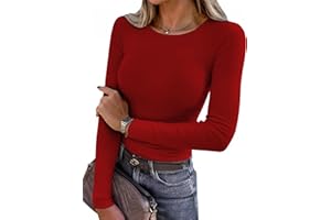 Aottori Maglia Donna Manica Lunga Girocollo Maglietta Costine Aderente Basic Tops Slim Fit Elegante T-Shirt Elasticizzato Tinta Unita Casual