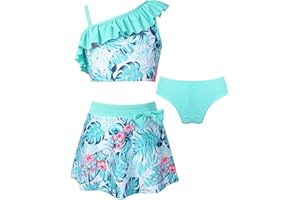 Mufeng Tankini 3 Pièces Enfant Fille Maillot de Bain Floral Bikini Tube Tops Haut à Bretelles Bas de Bain et Paréo Jupe d'été Ensemble de Natation Swimsuit 3-16 Ans
