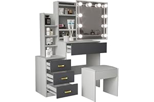 Blisswood Dressing Table with Mirror and Stool – Makeup Vanity Desk with 4 Drawers, 3 Open and Hidden Storage Shelves, 10 LED Bulbs, Modern Make up Dresser for Bedroom Living Room (Grey/Silver Grey)