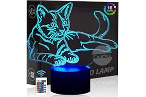 Comiwe Chat 3D Illusion Veilleuse Jouets,Décor de Maison LED Lampe de Chevet Table,Tactile & Télécommander 16 Couleurs,Cadeau d'Anniversaire de Noël Pour Filles Garçons Enfants Amis et Famille