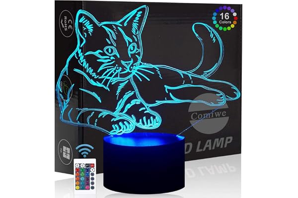 Comiwe Chat 3D Illusion Veilleuse Jouets,Décor de Maison LED Lampe de Chevet Table,Tactile & Télécommander 16 Couleurs,Cadeau d'Anniversaire de Noël Pour Filles Garçons Enfants Amis et Famille