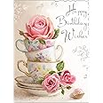 Jonny Javelin (JJ-V220) Birthday Card - Teacups and Roses - Birthday Wishes - Embossed, Foil and Flitter Finish