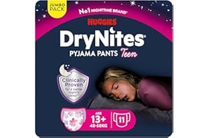 Huggies DryNites Pañales de Noche para Niña 13+ (48-60 kg), Clínicamente Probado con 5 Capas de Máxima Protección Nocturna, 11 Bragas Absorbentes