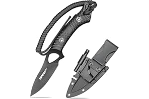 TONIFE Explorer Cuchillo de Hoja Fija con Funda 8Cr14MoV Blade Cuchillo Multifuncional de Supervivencia, Fibra de Vidrio Reforzada con Mango de Nylon para EDC Cuchillo(Negro+Negro Titanio) (HKT4021)