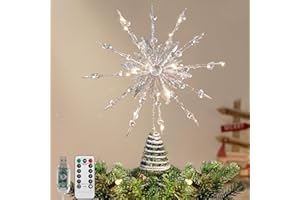 Lewondr Remate para Árbol De Navidad, 12,2" 20LED Remate Estrella Navideña De Metal, Brillante De 12 Puntas con USB para Decoraciones Navideñas, Control Remoto, Temporizador 6H, 8 Modos De Luz, Plata