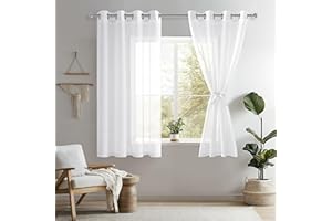 DWCN White Sheer Curtains with Tiebacks Semi Transparent Voile Grommet Curtains Elegant Window Curtains for Bedroom and Living Room,2 Panels,W52 x L45