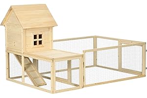 PawHut Conigliera per Interno in Legno d'Abete con Vassoio Estraibile, 3 Porte e Area Interna, 151.5x106x97 cm, color Legno