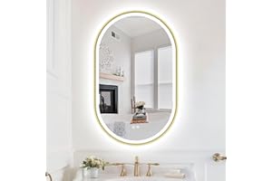 S'bagno Oval Bathroom Mirror with LED Lights 50x80cm, Illuminated LED Bathroom Mirror with Aluminum Frame, Anti-Fog, 3000-6500K, Memory Function, IP44 Waterproof, Horizontal/Vertical, Golden