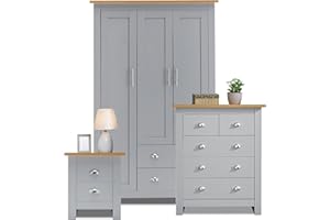 Blisswood Bedroom furniture Set 3 Door Wardrobe & 3+2 Drawer Chest of Drawer + 2 Drawer Bedside Table Cabinet Bedroom Furniture Set for Bedroom Storage Furniture Set (Grey & Oak)