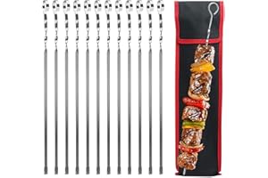 FENGQQKJ Brochetas de acero inoxidable para barbacoa, brochetas largas, brochetas de carne, planas, brochetas planas para salchichas con bolsa de nailon para asar 36 cm, 12 unidades
