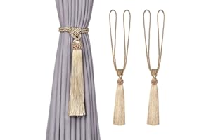 Pretty Jolly 2 Pack Long Tassel Curtain Tiebacks European Style Decorative Drape Tie Backs Elegant Handmade Braided Rope Knot Curtain Holdbacks for Home & Office Window Drapery (Gold)