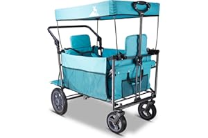 TOPWELL Folding Wagon, Portable Camping Cart, Collapsible Foldable Trolly with Quick-release Big Wheels, Collapsible Pull along Wagon 265LB, 2 Seats, Adjustable Handle (Turquoise)