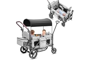 ROVIQUE Bollerwagen faltbar mit Dach,Premium Bollerwagen für 2 Kinder Doppel-Kinderwagen Handwagen mit Dach,Snack Tablett,5-Punkt-Gurt,geländegängigen PU-Rädern Transportwagen Ziehen & Schieben,grau