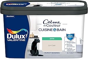 Dulux Valentine Peinture Intérieure Crème de Couleur Cuisine et Salle de Bain - Pièces Humides Murs et Boiseries - Résistant aux taches et à l'humidité - Satin Lin Clair 2 L