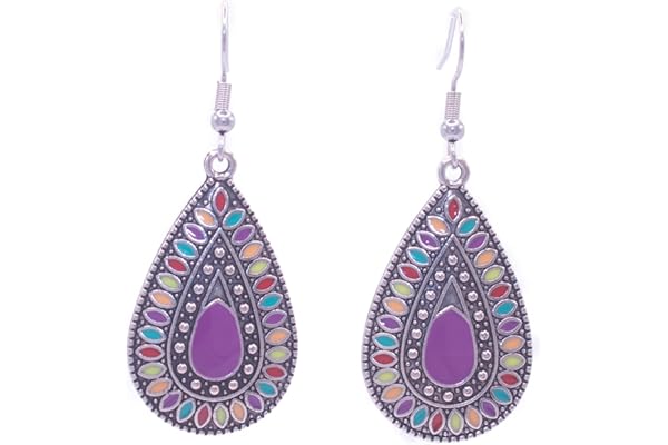 Pendientes Bohemio Vintage de Plata Tibetana y Acero Inoxidable Plateado. Pendientes Redondos Mujer Colgantes Llamativos. Aretes Mujer Esmaltado Colorido. Ideal para regalar. Regalo Original (Gota)