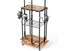 Emfogoo Angelrutenhalter mit Rollen | Für 10 Ruten + Angelzubehör-Set | Rutenständer für Garage, Boot und Zuhause | Ideal als Geschenk für Männer