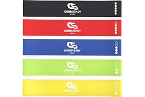 Coresteady Resistance Bands Set of 5 - Mini Fitness & Loop Exercise Band for Men & Women - Yoga, Body & Gym Sport Resistance Loop Bands for Strength, Muscle & Tone - With E-Guide & Travel Bag
