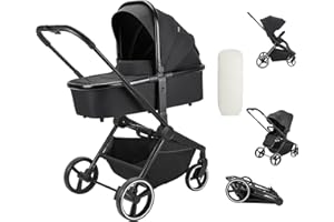 Booboo Kinderwagen Jazzi 2 in 1 Kombi-Kinderwagen inkl. Babywanne mit Matratze, Sportwagen, Sportsitz mit Liegefunktion, Zusammenklappbar - Black