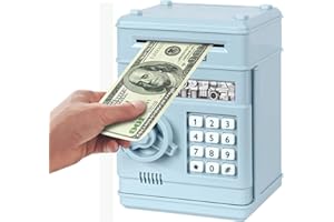 Revanom Electronic Piggy Bank, Mini ATM Password Money Bank Cash Coins Saving Box for Kids, Cartoon Safe Bank Box Perfect Toy Gifts for Boys Girls (Light Blue)