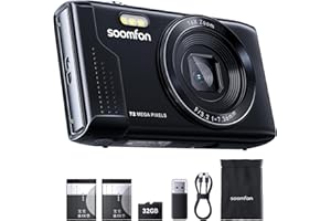 SOOMFON 72MP Digitalkamera, 16X Zoom Fotokamera mit 32G TF-Karte, Kartenleser & 2 x Akkus, Tragbarer Digital Kamera Fotoapparat Vintage mit 2,8" Bildschirm, für Kinder Jungen und Anfänger (Schwarz)