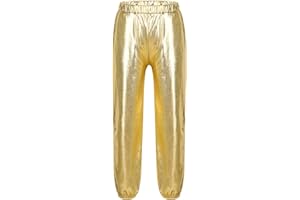inlzdz Kids Girls Shiny Metallic High Waist Harem Pants Wet Look Hip Hop Steert Dance Holographic Trousers Sweatpant