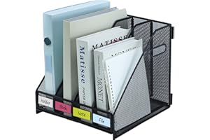 HIHOBDAY Desk Organizers Metal Desk Magazine File Holder Rack File Organizer for Office Desktop,Home Workspace,4 Vertical Compartments