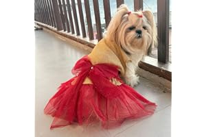 Lulala Dog Dress for Girls Dogs and Cats - Red Golden Glitter Party Gown with Tulle Skirt, Bow and Headband Fancy Pet Dress for Weddings, Birthdays, Photoshoots and Special Occasions