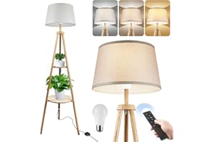 BatdTech Lampadaire LED avec Télécommande & Interrupteur Pied, lampadaire bois Réglable, lampadaire salon avec 3 Tons, Minuterie 1H, Étagère, Trépied Bois- Pour Salon, Chambre