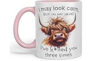Vixar I May Look Calm, but in My Head I've k*lled You Three Times Highland Cow Joke sarkasm Sarcastic Ceramic Coloured Mug Cup for Tea Coffee Hot Brew 330ml 11Oz Gift (Pink)