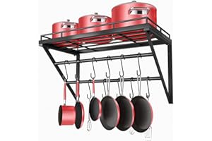 OROPY Wall Mount Pot Pan Racks, Saucepan Hanging Rack, Kitchen Utensils Hanging Shelf with 2 Rails, 12 Hooks, 60cm
