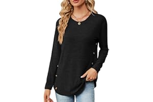 Heersan Décontracté Chemisier Femme, Ample Chemisier à Col Rond Tops, T-Shirt à Manches Longues pour Femmes, Couleur Unie Blouse Mode T-Shirt Chic et Élégant Tunique Tops avec Boutons décoratifs
