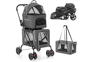 COSTWAY Wózek dla psów 3 w 1, wózek dla psów, 2 poziomy, z okienkami z siatki i kieszeniami i poduszkami, Oxford i metal, wózek dla zwierząt domowych do 16 kg, torba transportowa dla psów, kotów