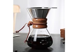 Serlium Caffettiera Pour Over, Coffee Maker Vetro Borosilicato Alto con Scala Manicotto in Legno Antiscottatura con Doppio Filtro in Acciaio Inox 400 ml Macchina Caffè Portatile per Feste in Casa
