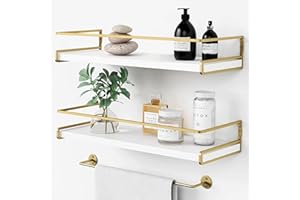 NUCAZA White & Gold Floating Shelves Wall Mounted Set of 2 With 18kg Capacity, Hanging Wall shelves for Bedroom, Kitchen, Bathroom, Living Room, Home Office, Storage Organiser - Solid Wood Shelf