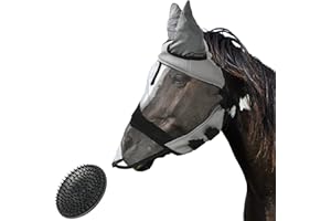 valuents Fliegenmaske für Pferde in grau – Fliegenhaube – Nüsternschutz – UV Schutz – in 4 Größen für Kaltblut +Plus: Pferdebürste