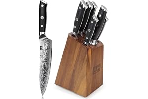 SHAN ZU Damaskus Knivset med Knivblock, 7 Delar | 67-Lagers 10Cr15MoV-stålkärna, Professionellt Japanskt Köksknivset, Full-Ta