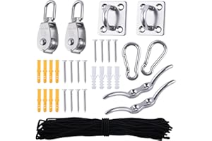 LEONTOOL M15 Stainless Steel Pulley System Kit Single Pulley Block Wire Rope Hanging Wire Towing Wheel with Nylon Rope, Hooks, Eye Pad Plate, and Rope Cleat, for Lifting Gym Equipment Clothesline