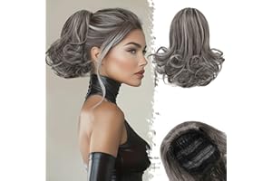 BARSDAR Coleta Postiza Pelo con Cordón, 25cm Corta Ondulado Clip in Extensiones Coleta Postizos con Peines para Mujeres Sintetico Gris Cola de Caballo Extensiones de Cabello - Marrón Oscuro Mix Gris