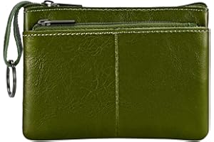 Lidwot Porte-monnaie en cuir véritable avec 3 fermetures éclair et porte-clés, vert militaire, Porte-monnaie avec porte-clés 3 fermetures éclair