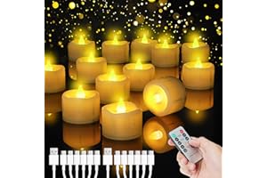 Buudala LED Teelichter mit Timerfunktion, 12 Stück Dimmbar Kerzen mit 6-in-1 USB-C Ladekabel und Fernbedienung, Elektrische Aufladbar Candles für Halloween Weihnachten Party Deko