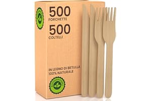BACIATO CAFFÈ Set Posate Ecologiche in Legno di Betulla 500 Forchette + 500 Coltelli - Monouso 100% Naturali Biodegradabili e Compostabili Usa e Getta