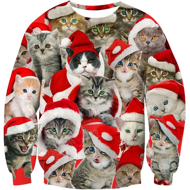 Weihnachtspullover Damen – Süßer Katzen-Print Auf Flanell | Rundhals Sweatshirt Für Weihnachtsfeiern | Größen S Bis 5XL