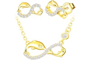INFINIONLY Ensemble de bijoux, collier bracelet et boucles d'oreilles en argent 925, collier bracelet boucle d'oreille femme fille, pendentif de symbole infini et dauphin mignon, zircon incrusté