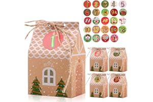 FLOFIA Adventskalender Tüten zum Befüllen 24 Papiertüten Haus mit Advent Zahlen Aufklebern 1-24 Adventskalender Tüten Boxen Set 2024 Weihnachtskalender zum Basteln Weihnachten Geschenkbox