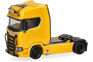 Herpa truck model Scania CS 20 HD rigid tractor witg light bar and bull bumper 2axles, on a scale of 1:87, plastic miniature, made in Germany, model building, collectors edition, broom yellow